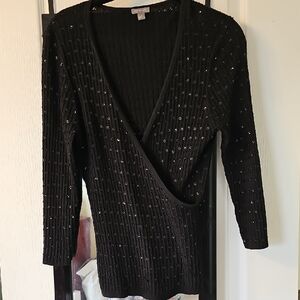 ANN TAYLOR BLACK SILK LIGHTWEIGHT V NECK SWEATER TOP Sequins MED